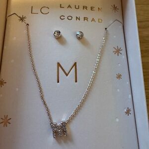 LC Lauren Conrad Gold Necklace with 'M' Pendant and Earrings diamonds